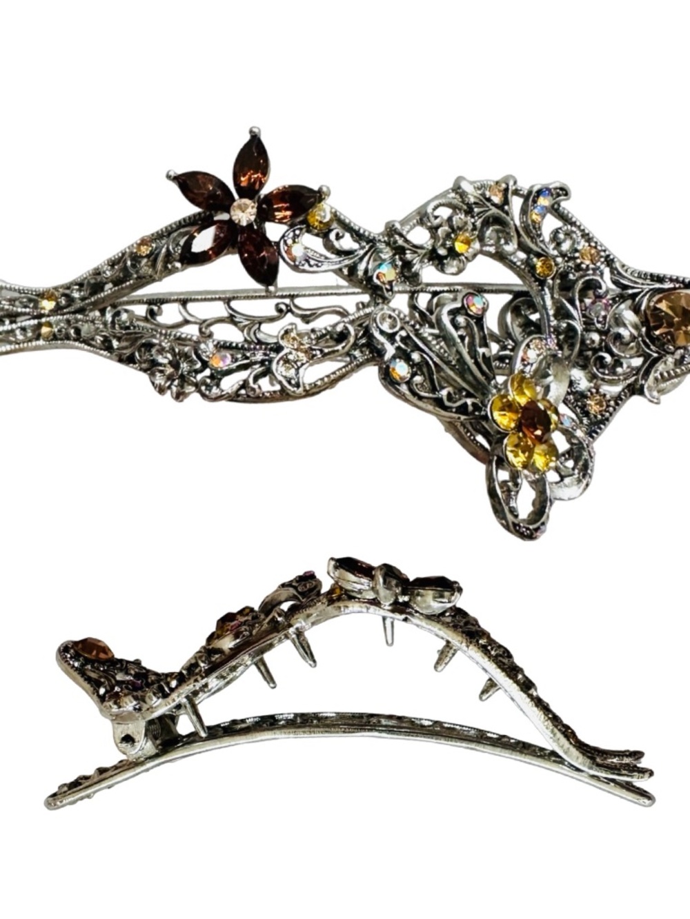 Silver-tone French Alligator-Style Hair Clip 4” Multicolor Stones Floral Motif
